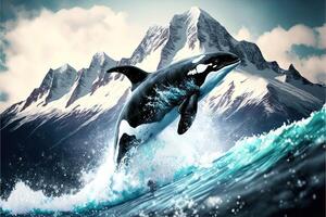 Orca killer whale snowboarding down the snowy mountains photo