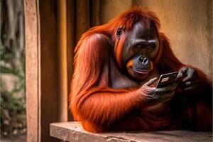 orang utan mono utilizando un teléfono inteligente ilustración generativo ai foto