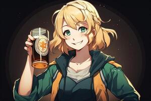 sonriente rubia anime niña participación un vaso de cerveza y mirando a tú, manga estilo ilustración generativo ai foto