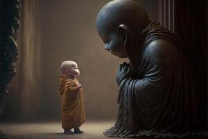 baby buddhist monk praying in front of buddah statue illustration photo