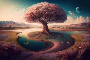 Dreamlike landscape with a massive tree at its center, surrounded by a river and fields of flowers illustration photo