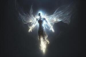 Creature with a body made of light and energy, floating in the air illustration photo