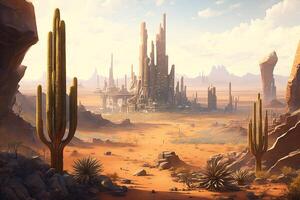 Desert landscape with towering cacti, unusual rock formations, and a futuristic city in the distance illustration photo