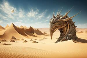 desert landscape with towering sand dunes that resemble the scales of a dragon, with its head and wings barely visible on the horizon illustration photo