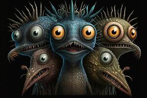 fantasy creature with multiple heads, each with a different expression illustration photo