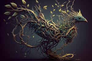 Fantasy plant like creature with a complex network of vines and branches, constantly reaching out and growing illustration photo