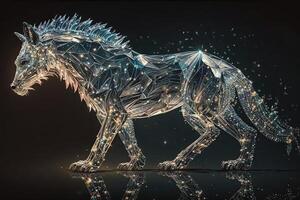 Giant, otherworldly creature made out of translucent crystal, with thousands of shimmering facets that reflect light in a dazzling display illustration photo