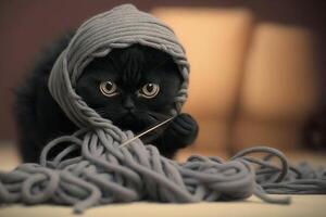 cat dressed in a ninja outfit, stealthily sneaking up on a ball of yarn with its claws at the ready illustration photo