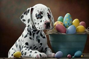 Funny little dalmatian puppy dog and Easter eggs painted in bright colors Happy Easter holiday illustration photo