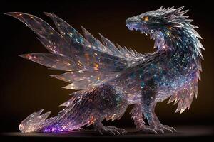 Giant, otherworldly creature made out of translucent crystal, with thousands of shimmering facets that reflect light in a dazzling display illustration photo