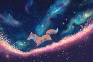 Anime style Fox hunting on starry night illustration photo