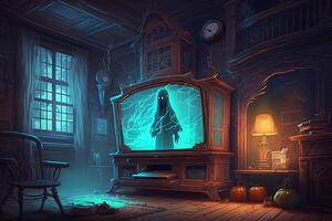 haunted house inhabited by friendly ghosts and haunted furniture, illustration photo