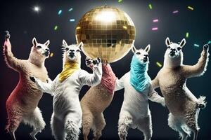 group of llamas dressed up in disco clothes, dancing under a glittering disco ball illustration photo