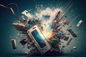 group of electronics gadgets exploding illustration photo