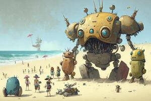 robots beach party illustration photo