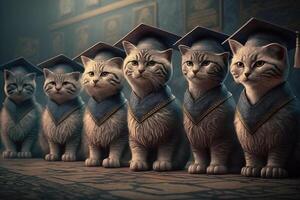 cats standing in a line, wearing graduation caps and gowns, with a proud look on their faces illustration photo