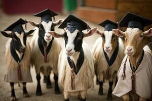 Goats standing in a line, wearing graduation caps and gowns, with a proud look on their faces illustration photo