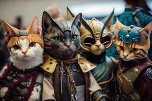 Group of cats dressed up in cosplay costumes, attending a sci - fi convention on a distant planet and posing for photos with alien fans illustration