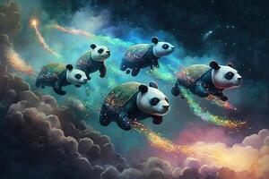 group of pandas riding on the backs of flying turtles, soaring through the clouds and leaving a trail of colorful sparks behind them illustration photo