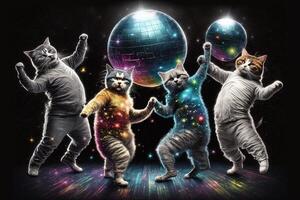 grupo de gatos vestido arriba en disco ropa, bailando debajo un reluciente disco pelota ilustración generativo ai foto