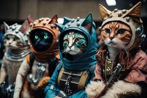 Group of cats dressed up in cosplay costumes, attending a sci - fi convention on a distant planet and posing for photos with alien fans illustration