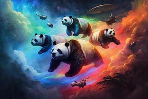 group of pandas riding on the backs of flying turtles, soaring through the clouds and leaving a trail of colorful sparks behind them illustration photo