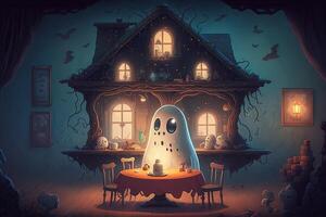 haunted house inhabited by friendly ghosts and haunted furniture, illustration photo