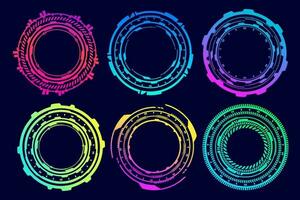 HUD futuristic elements. Abstract optical neon aim. Circle geometric shapes for virtual interface and games. Camera viewfinder for sniper weapon. Vector set