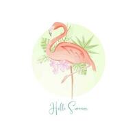 cute flamingo with tropical leaves and flowers watercolor vector