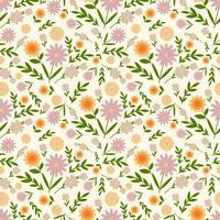 Seamless floral vector pattern. Surface design with small plants as flowers, leaves, twigs, isolated on a beige background.