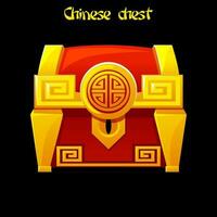 Chinese Treasure Chest For Game UI. Illustration of a cartoon closed treasure chest, with lock and bright effect, for award icons inside game ui vector