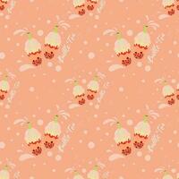 Bubble or boba strawberry tea with splashes and dots vector seamless pattern isolated on pink background.