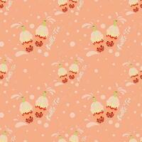 Bubble or boba strawberry tea with splashes and dots vector seamless pattern isolated on pink background.