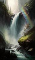 peaceful and serene image of a waterfall cascading down a cliff, with lush green foliage and a rainbow forming in the misty spray smartphone background wallpaper illustration photo