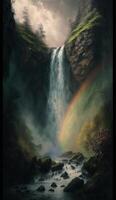 peaceful and serene image of a waterfall cascading down a cliff, with lush green foliage and a rainbow forming in the misty spray smartphone background wallpaper illustration photo