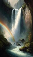 peaceful and serene image of a waterfall cascading down a cliff, with lush green foliage and a rainbow forming in the misty spray smartphone background wallpaper illustration photo