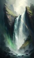 peaceful and serene image of a waterfall cascading down a cliff, with lush green foliage and a rainbow forming in the misty spray smartphone background wallpaper illustration photo