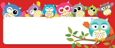 Illustration of cute happy owls with blank board label vector