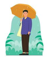 hombre participación paraguas y caminando en el lluvia vector