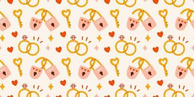 Cute Valentines day seamless pattern. Wedding ring, love lock and keys. Vector illustrations for valentines day, stickers, greeting cards, etc.