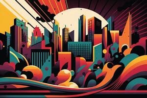 stylized graphic of a cityscape or skyline, with bright colors and bold lines, representing the energy and excitement of urban life illustration photo