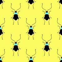 Little beetles on the bright yellow background. Seamless pattern with cartoon elements. vector