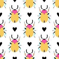 Bright beetles with black hearts. Seamless pattern with cartoon elements. vector