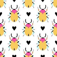 Bright beetles with black hearts. Seamless pattern with cartoon elements. vector