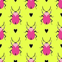 Bright summer background with pink beetles. Seamless pattern with cartoon elements. vector