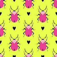 Bright summer background with pink beetles. Seamless pattern with cartoon elements. vector