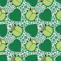 Funny green stink bug with hearts. Seamless pattern with cartoon elements. vector