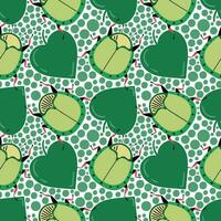 Funny green stink bug with hearts. Seamless pattern with cartoon elements. vector