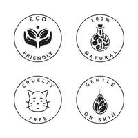 conjunto de sencillo iconos eco amigable, natural, crueldad gratis y amable en piel iconos natural orgánico pegatinas colocar. vector