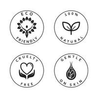 conjunto de sencillo iconos eco amigable, natural, crueldad gratis y amable en piel iconos natural orgánico pegatinas colocar. vector